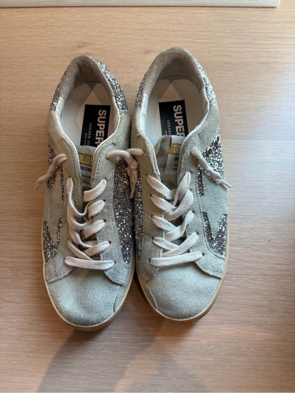 Golden Goose Women's Beige Suede Sneakers with Silver Glitter Star